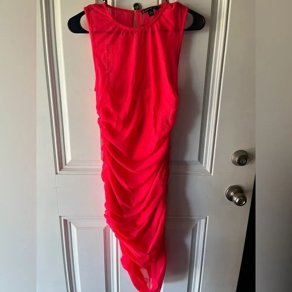 Black Halo Elvia Ruched Mesh Sheath Dress in vivid melon midi small new women’s - Picture 4 of 10